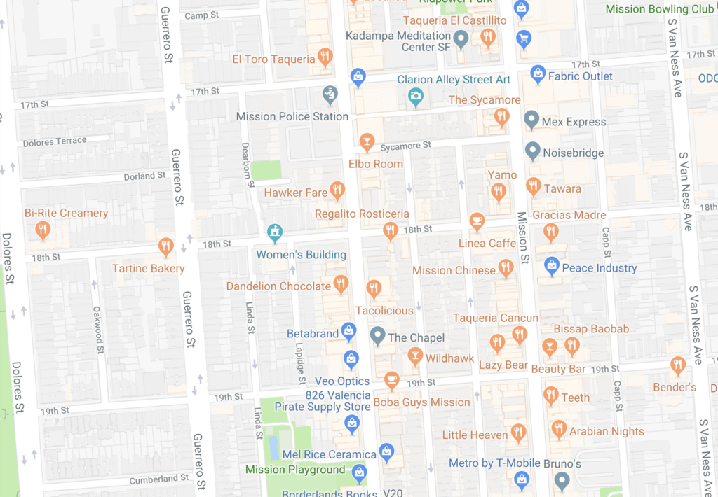 Mapa da região de restaurantes do Mission District - Foto: Reprodução/Google Maps